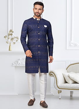 Blue Silk Embroidered Sequins Indowestern Sherwani