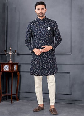 Blue Silk Embroidered Sequins Indowestern Sherwani