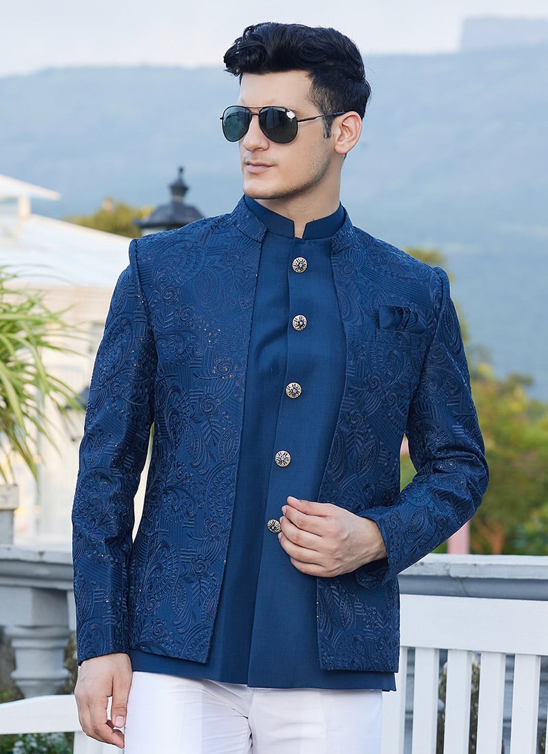 Blue Silk Embroidered Sequins Jodhpuri Bandhgala Jacket For Evening Elegance