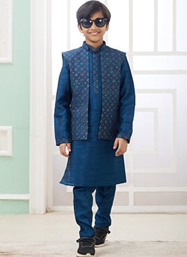 Blue Silk Embroidered Sequins Kids Boys Bandi Set