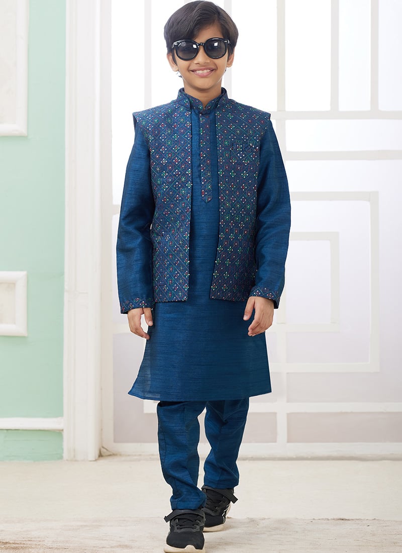Blue Silk Embroidered Sequins Kids Boys Bandi Set Festive Wear