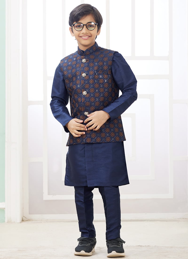 Blue Silk Embroidered Sequins Kids Boys Bandi Set