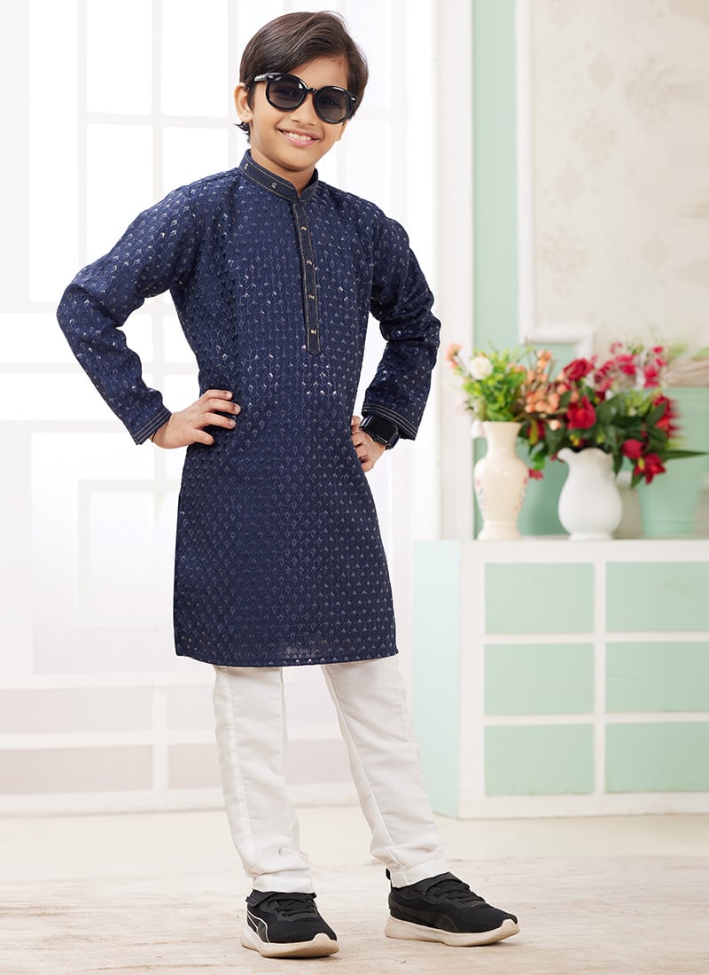 Blue Silk Embroidered Sequins Kids Boys Kurta Pyjama Festive Wear