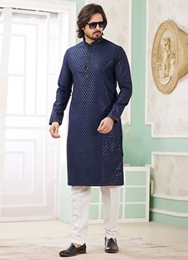 Blue Silk Embroidered Sequins Kurta Pyjama For Men