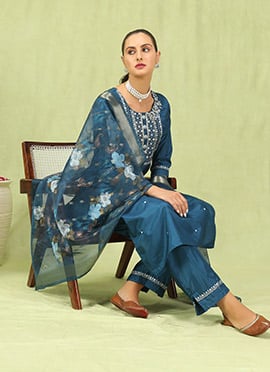 Blue Silk Embroidered Sequins Straight Pant Suit With Digital Print Dupatta