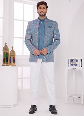 Blue Silk Embroidered Sequins Thread Bandhgala Jacket