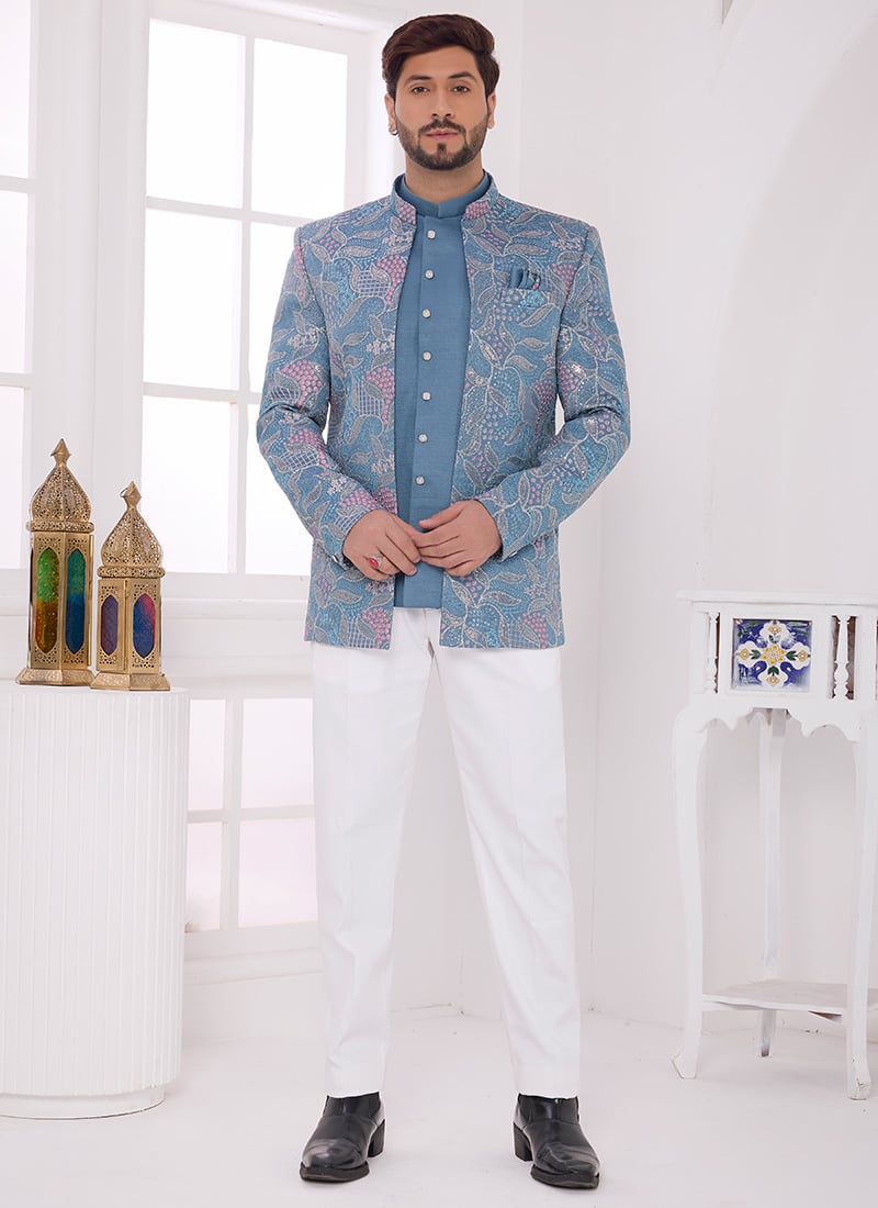 Blue Silk Embroidered Sequins Thread Bandhgala Jacket