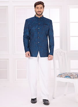 Blue Silk Embroidered Sequins Thread Bandhgala Jacket