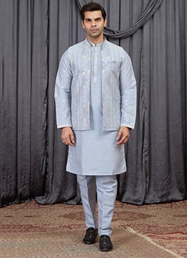 Blue Silk Embroidered Sequins Thread Bandi Set Festive Wear