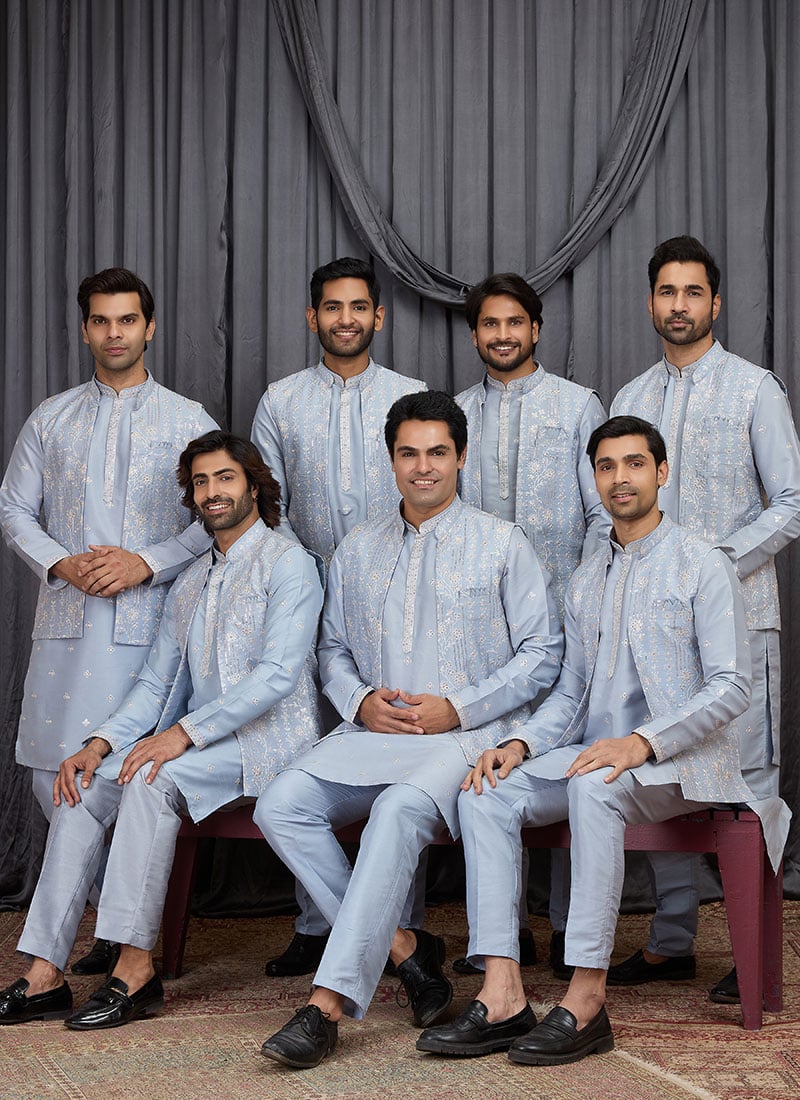 Blue Silk Embroidered Sequins Thread Bandi Set Festive Wear