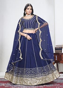 Blue Silk Embroidered Sequins Umbrella Lehenga