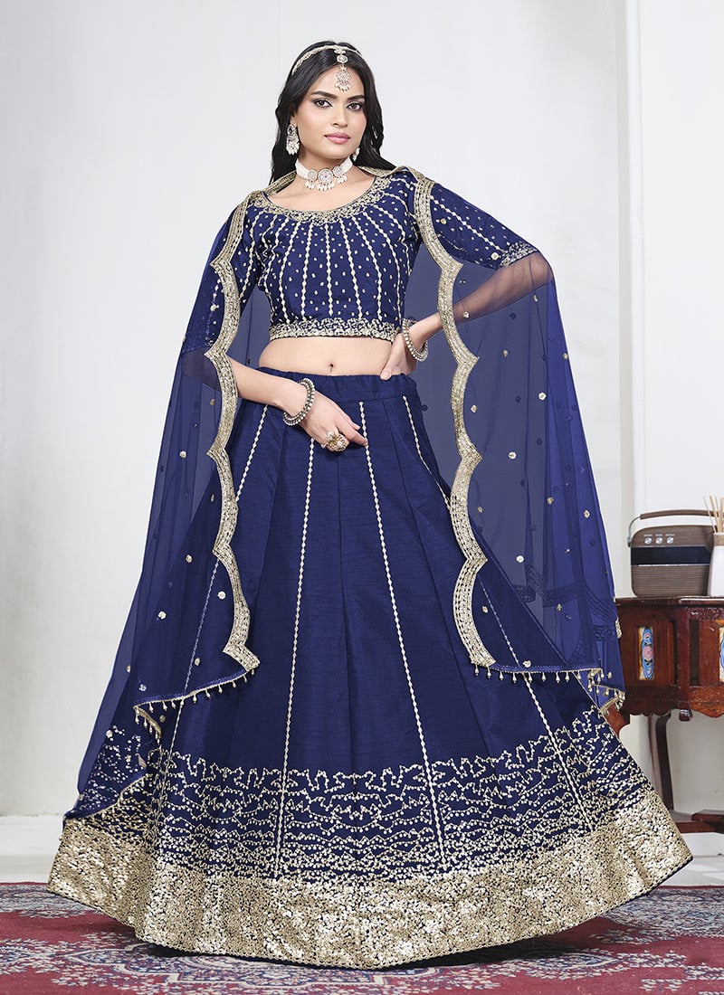 Blue Silk Embroidered Sequins Umbrella Lehenga Festive Wear