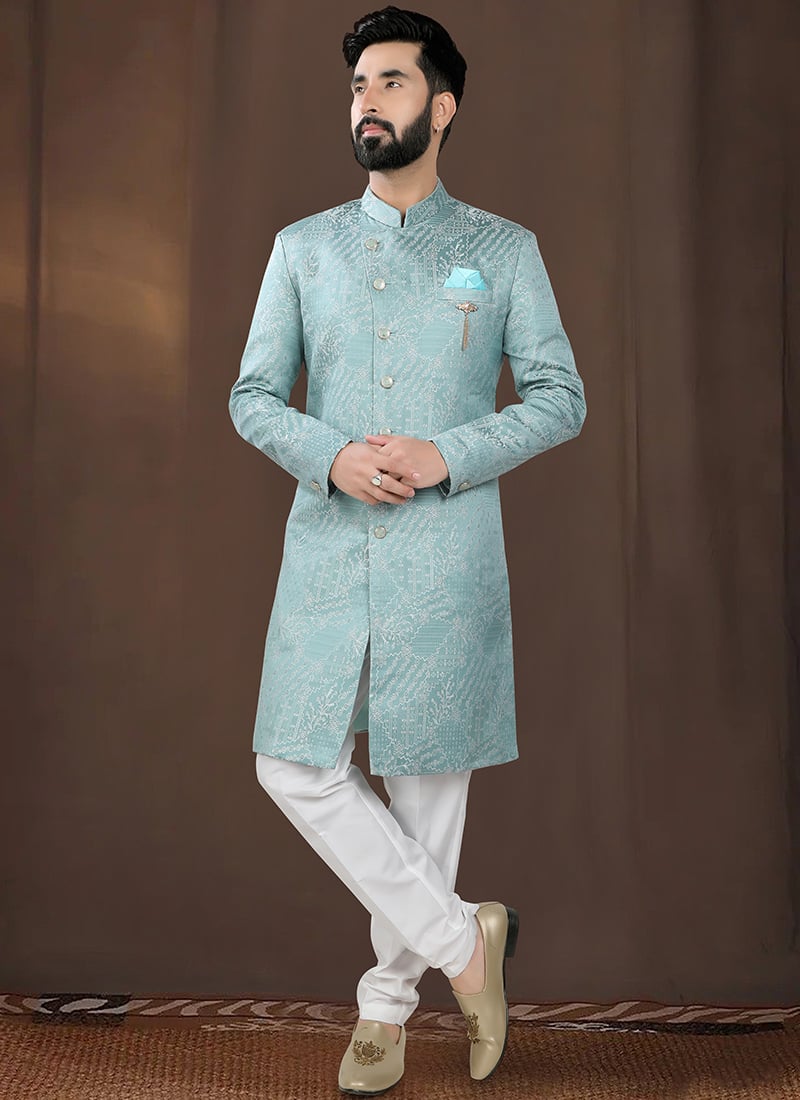 Blue Silk Embroidered Sherwani Wedding Wear