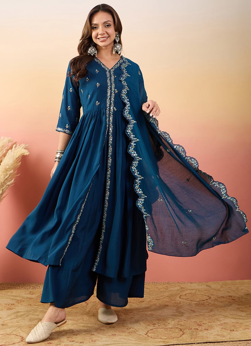 Blue Silk Embroidered Straight Pant Suit