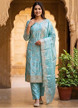 Blue Silk Embroidered Straight Pant Suit