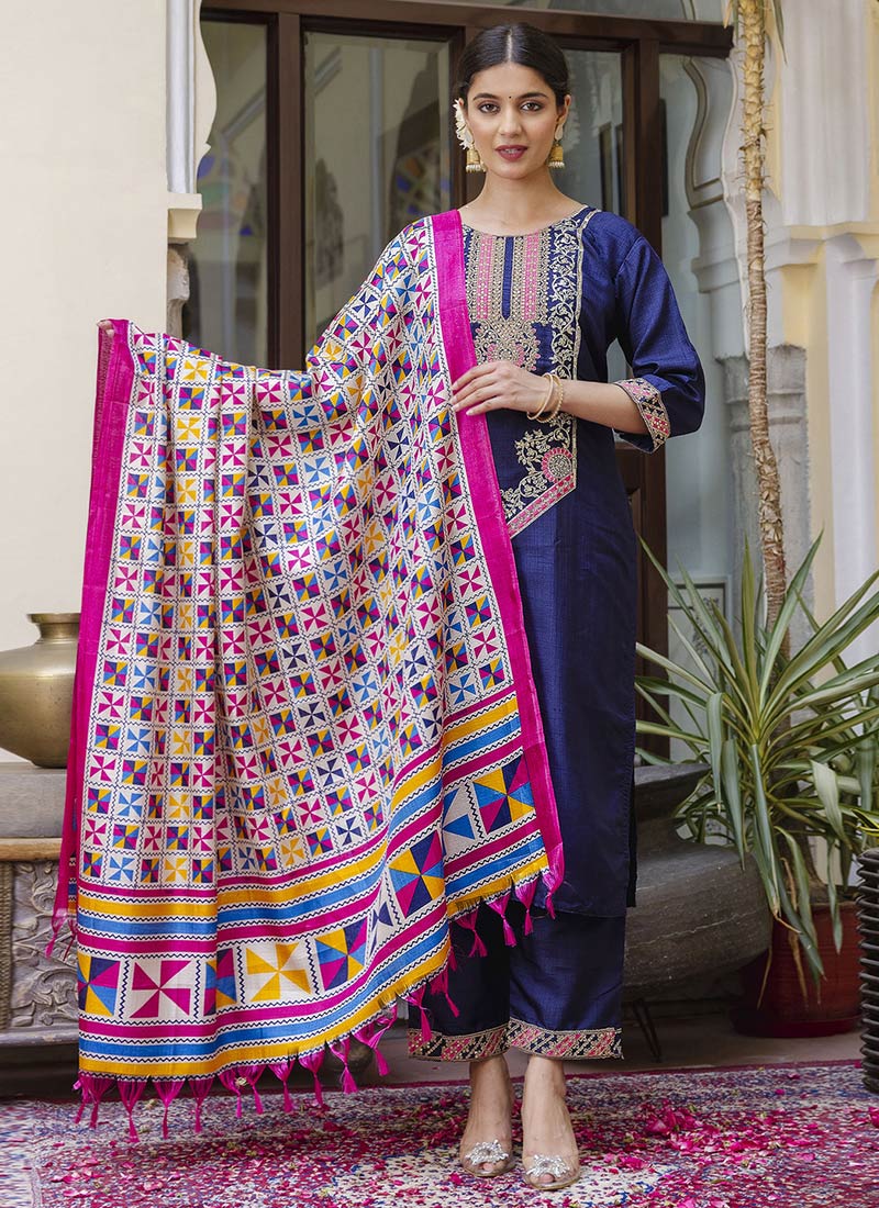 Blue Silk Embroidered Straight Pant Suit With Printed Dupatta