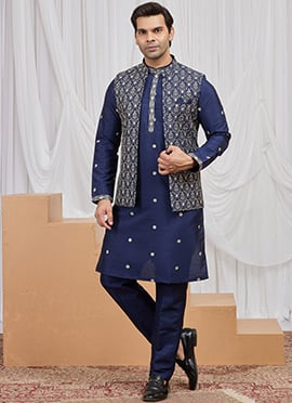 Blue Silk Embroidered Thread Bandi Set Festive Wear