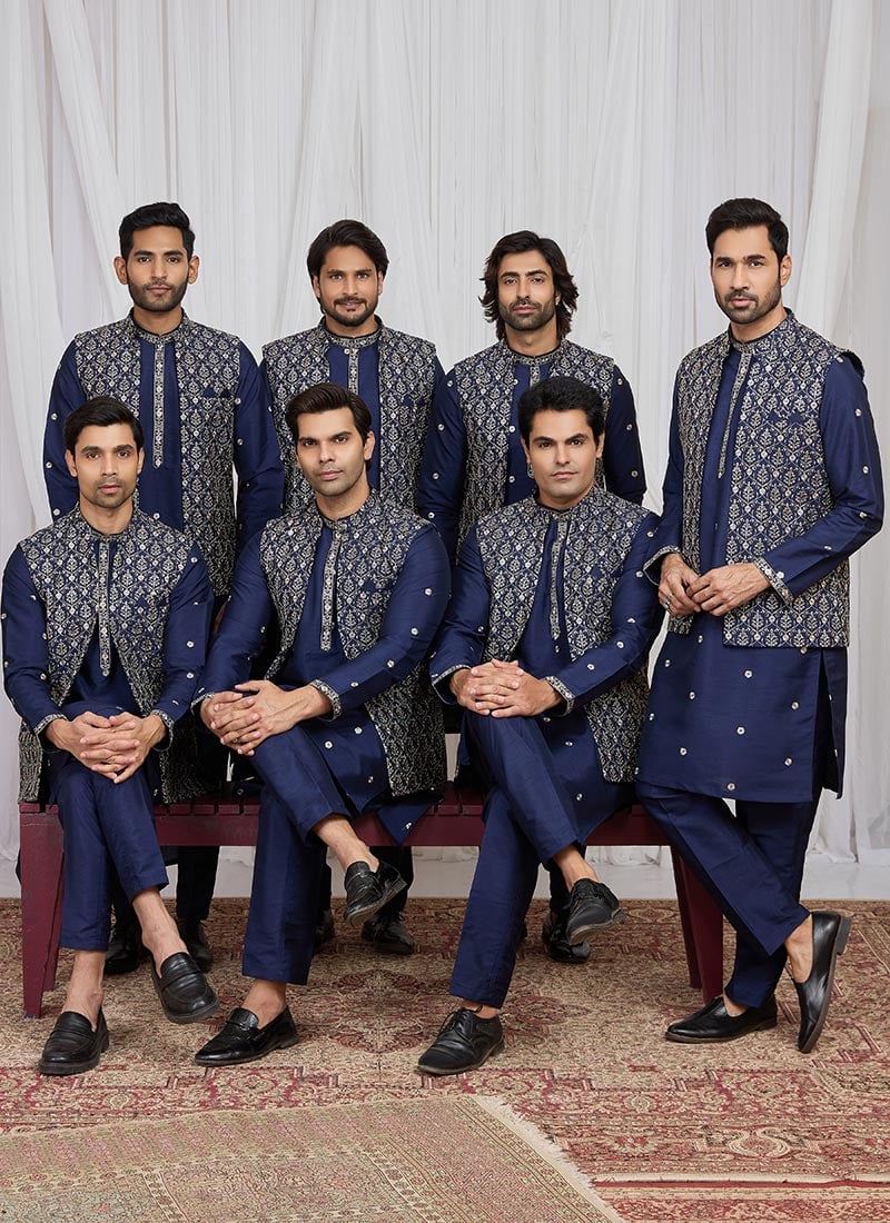 Blue Silk Embroidered Thread Bandi Set Festive Wear