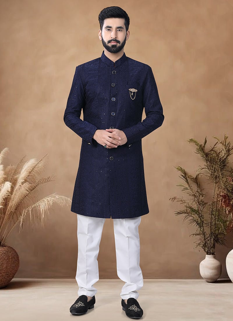 Blue Silk Embroidered Thread Classic Sherwani Wedding Wear