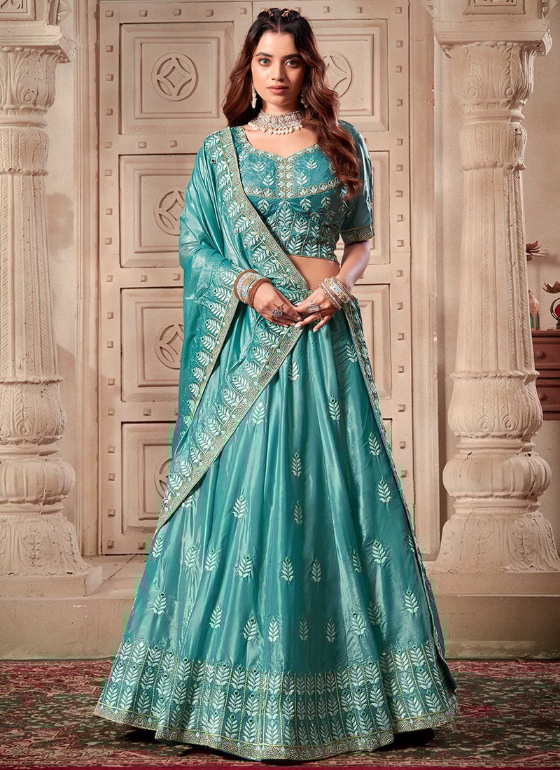 Blue Silk Embroidered Thread Zarkan A Line Lehenga Wedding Wear