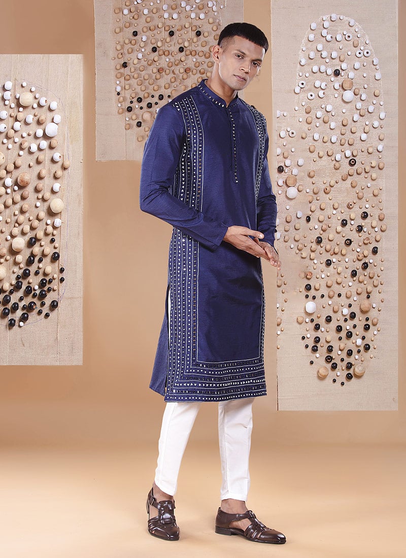 Blue Silk Embroidered With Mirror Work Kurta Pyjama