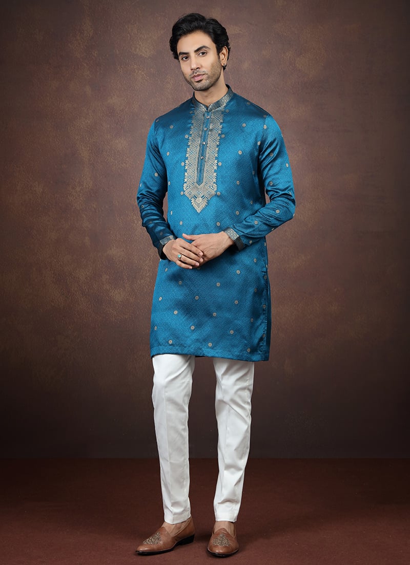 Blue Silk Embroidered Zari Kurta Pyjama Festive Wear