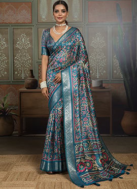 Blue Silk Floral Printed Saree