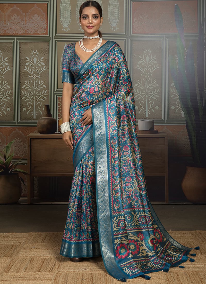 Blue Silk Floral Printed Saree Festive Wear