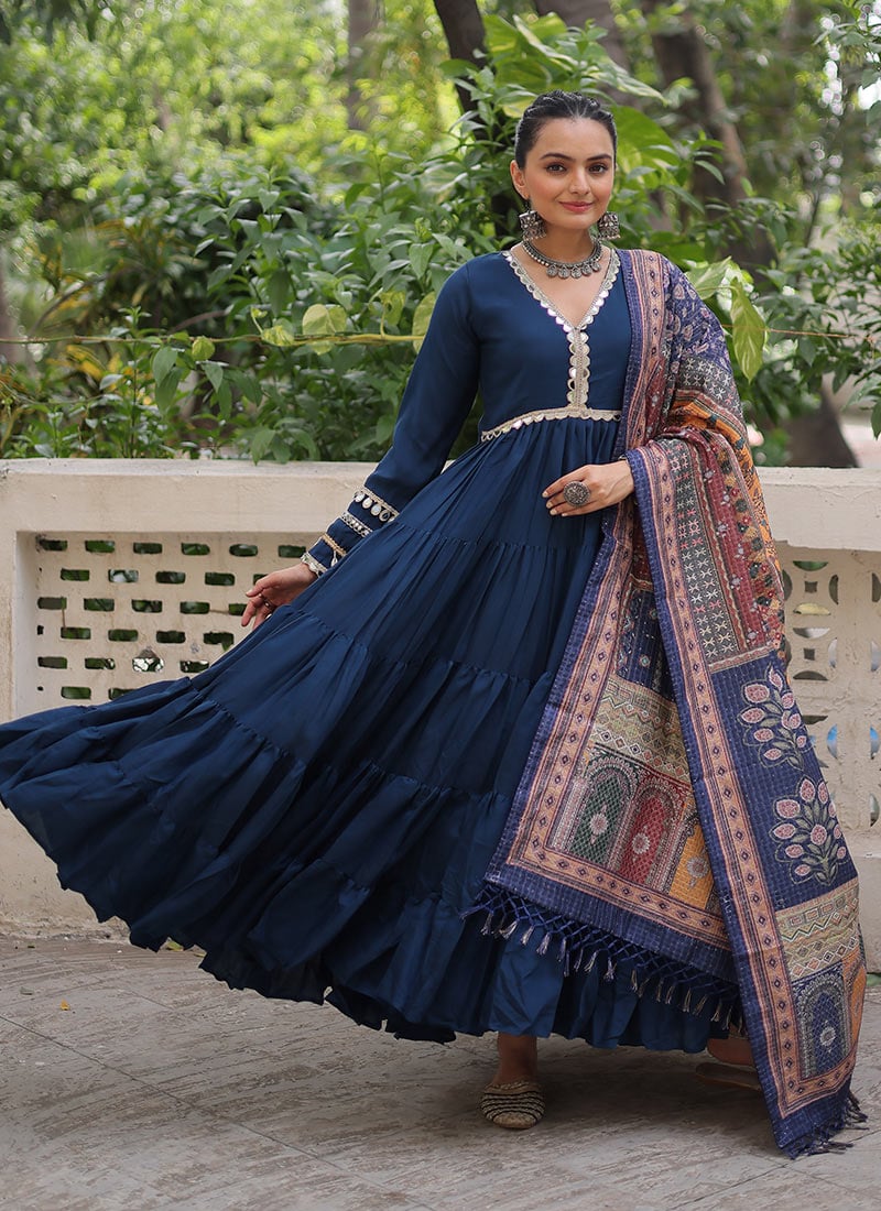 Blue Silk Foil Mirror Gota Work Anarkali Suit After Six Wear