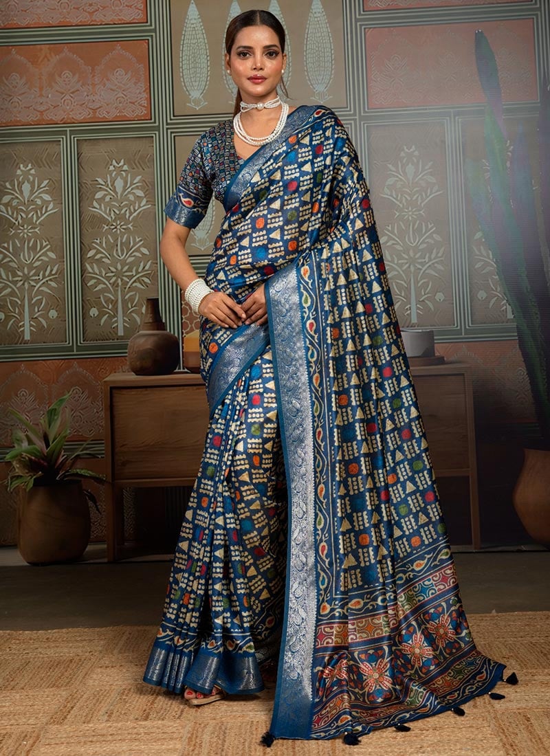Blue Silk Geometrical Printed Saree Festive Wear