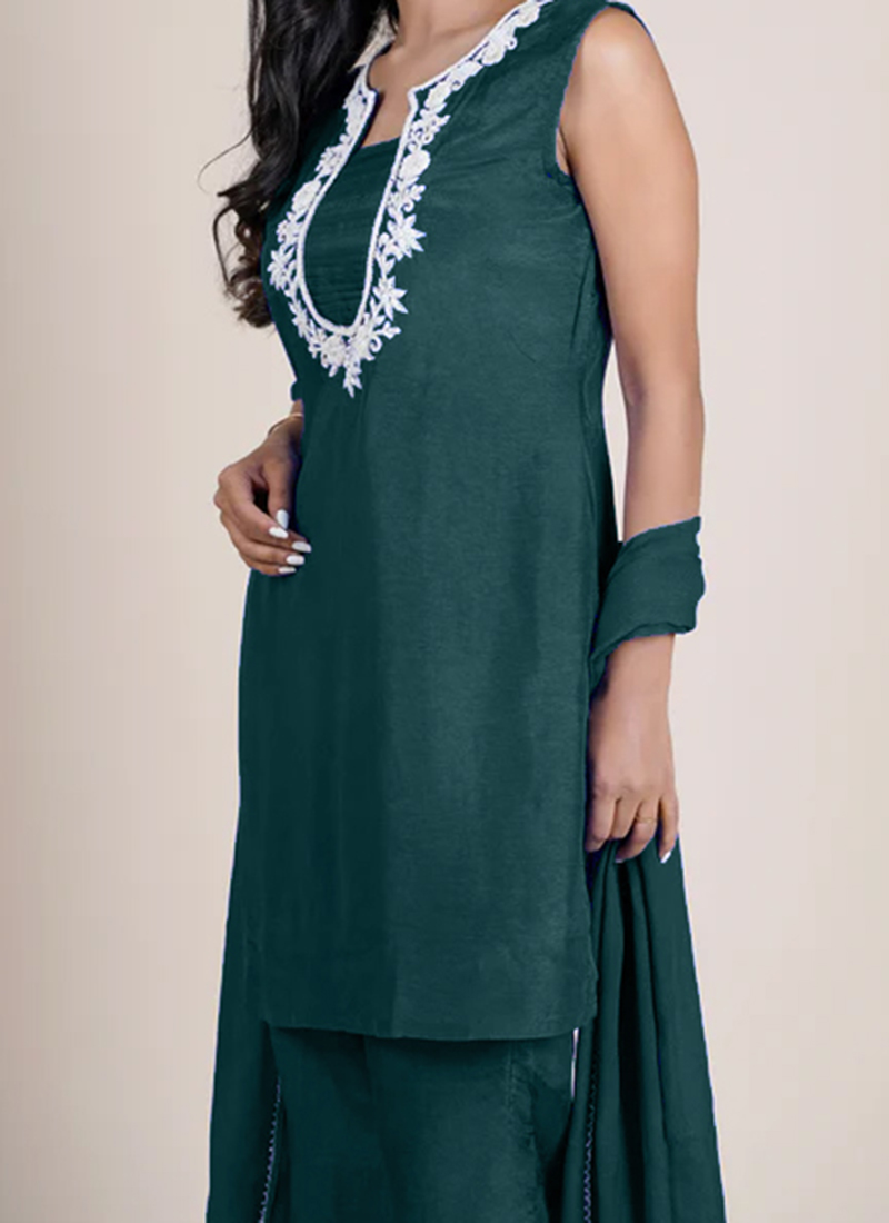 Art Silk Stunning Sky Blue Embroidered Festive Palazzo Suit
