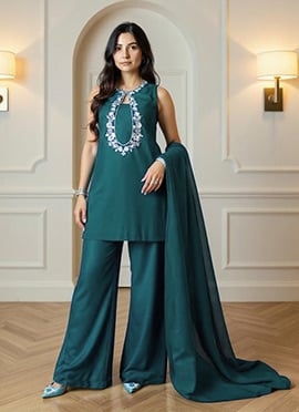 Blue Silk Hand Embroidered And Beads Work Palazzo Suit