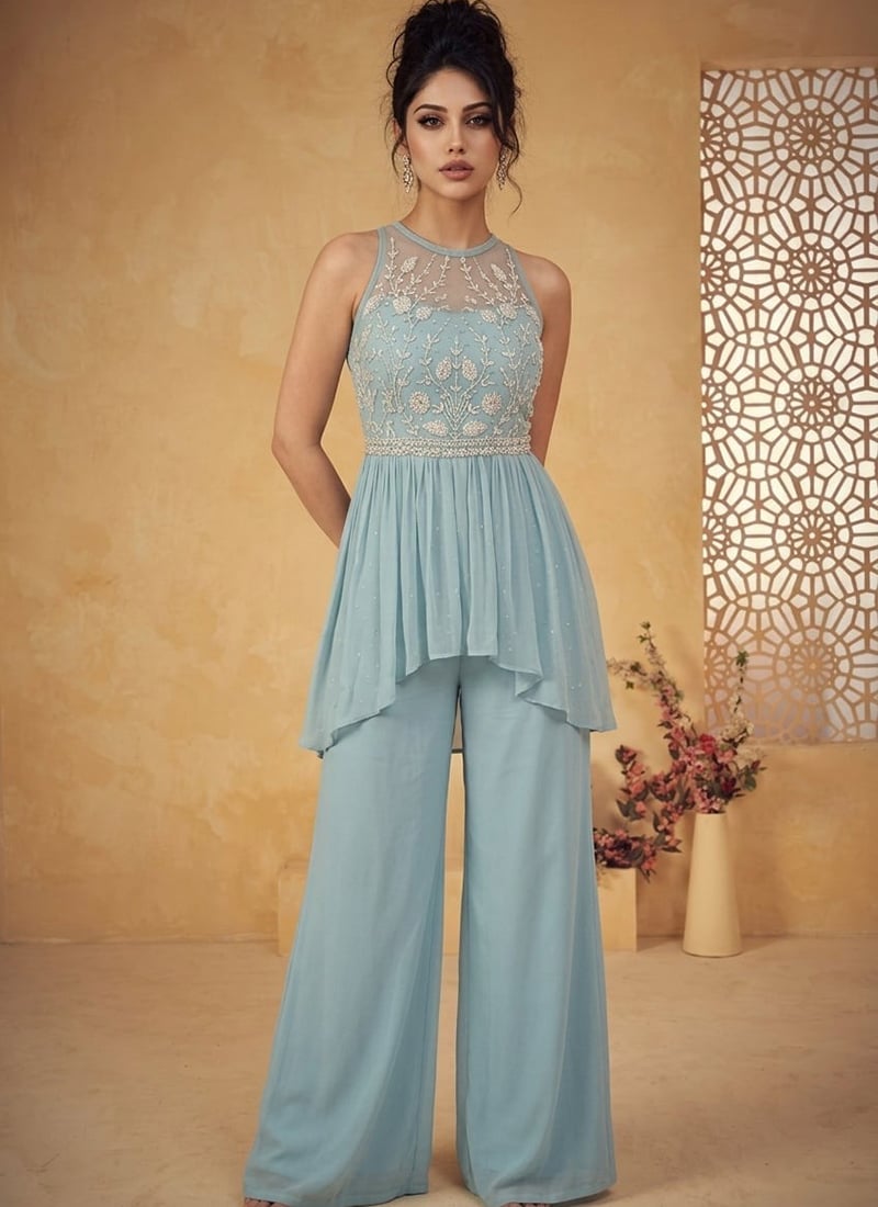 Blue Silk Hand Embroidered Beads And Stones Indowestern Asymmetric Palazzo Set After Six Wear