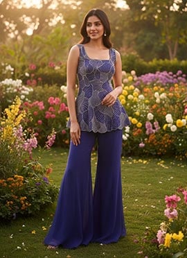 Blue Silk Hand Embroidered Beads Work Sharara Suit