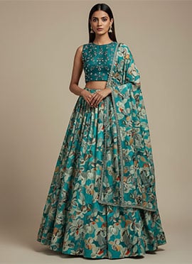 Blue Silk Hand Embroidered Digital Print Lehenga Set