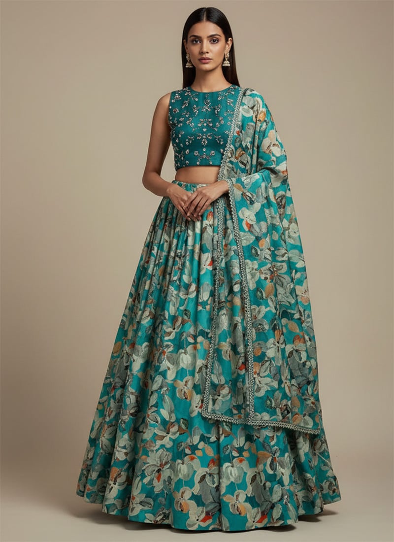 Blue Silk Hand Embroidered Digital Print Lehenga Set Wedding Wear