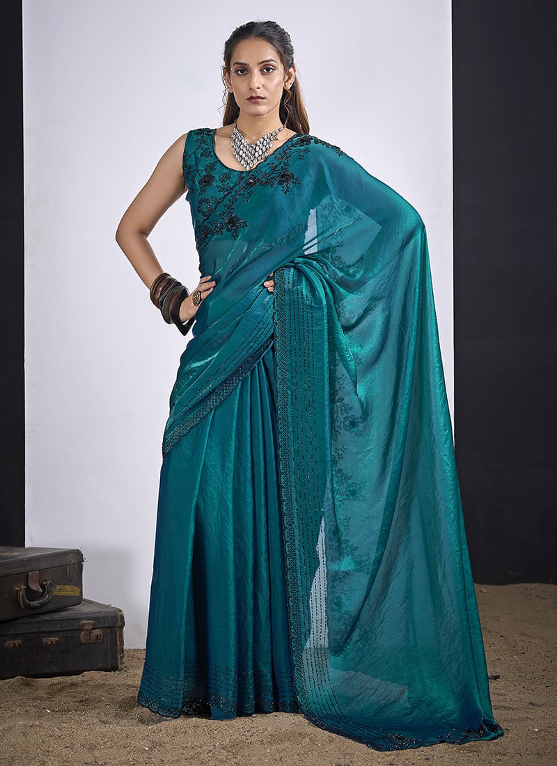 Blue Silk Hand Embroidered Saree After Six Wear