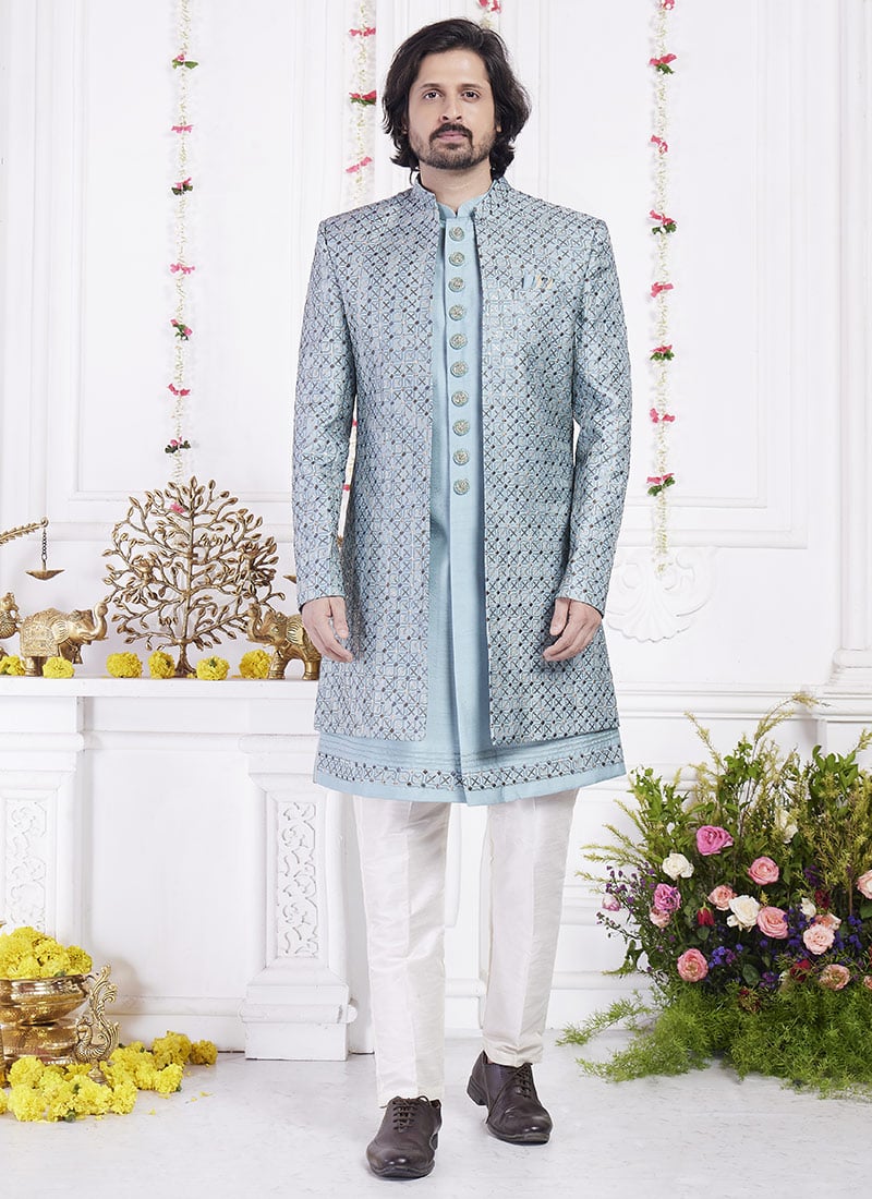 Blue Silk Hand Embroidered Sequins Indowestern Sherwani