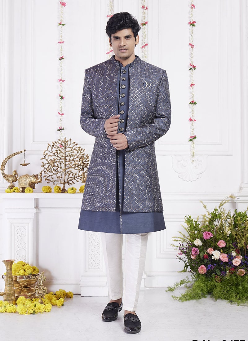 Blue Silk Hand Embroidered Sequins Indowestern Sherwani Wedding Wear