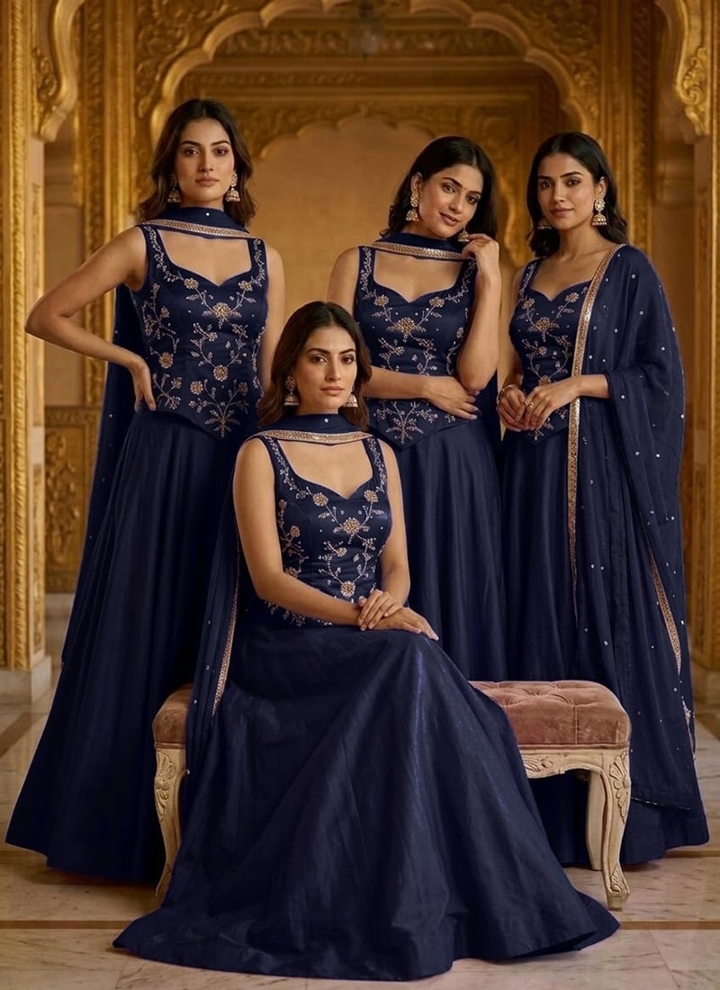 Blue Silk Hand Embroidered Sequins Lehenga Wedding Wear