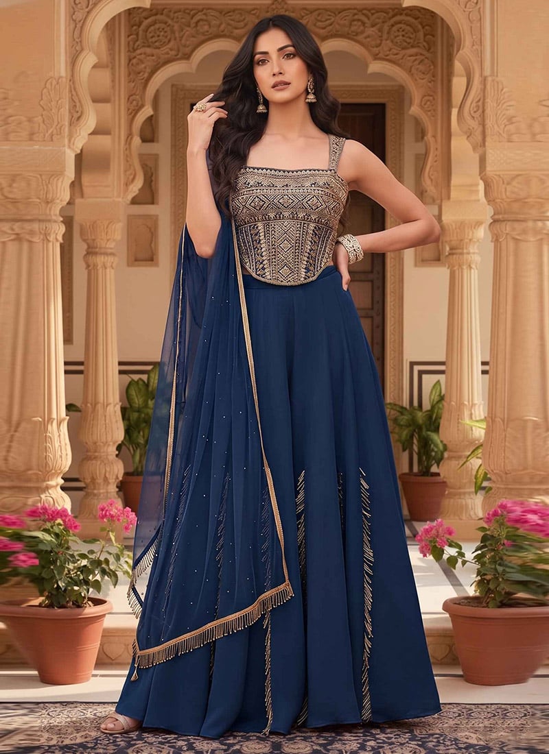 Blue Silk Hand Embroidered Sequins Palazzo Suit Wedding Wear