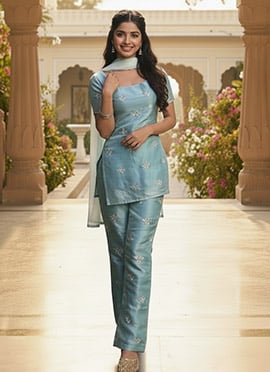 Blue Silk Hand Embroidered Straight Pant Suit