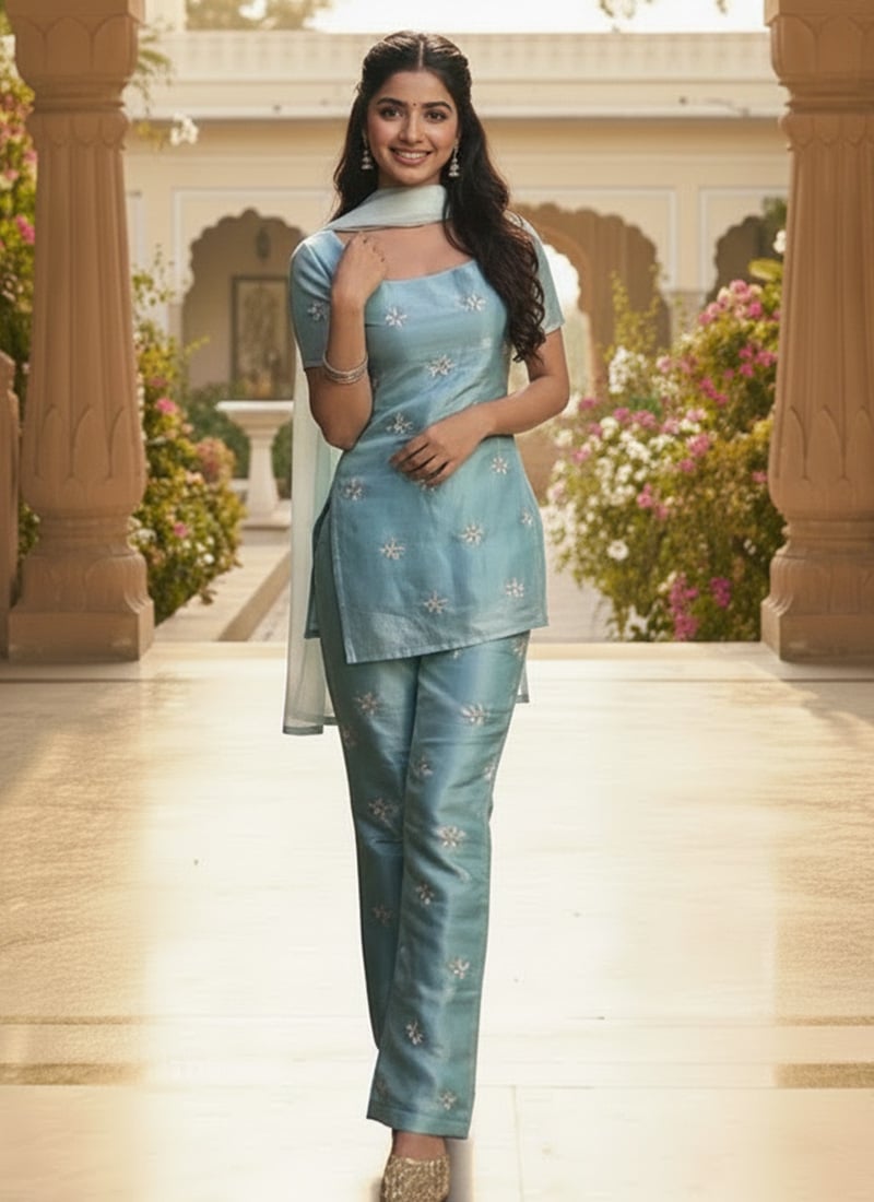 Blue Silk Hand Embroidered Straight Pant Suit Festive Wear