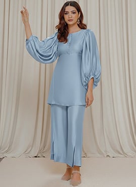 Blue Silk IndoWestern Co Ord Set With Balloon Sleeve