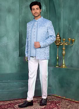Blue Silk Jacquard Embroidered Jacquard Bandhgala Jacket