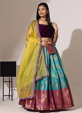 Blue Silk Jacquard Embroidered Lehenga