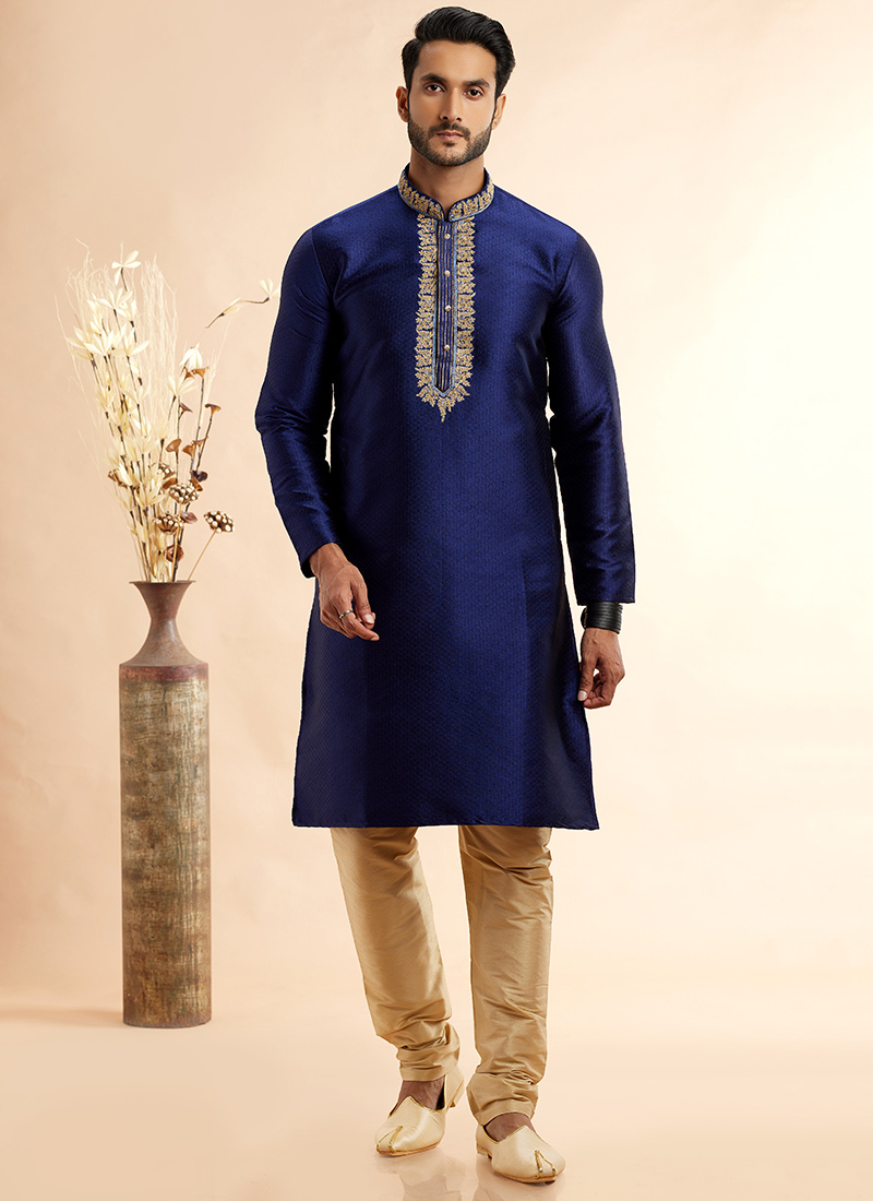 Blue Silk Jacquard Kurta Pyjama Festive Wear