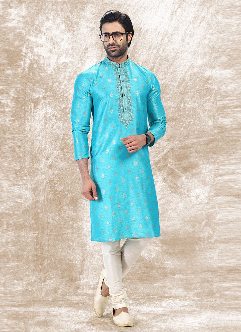 Blue Silk Jacquard N Brocade Work Kurta Pyjama Party Wear