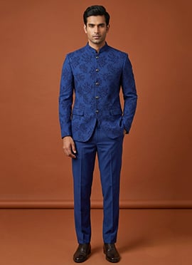 Blue Silk Jacquard Thread Bandhgala Suit For Men
