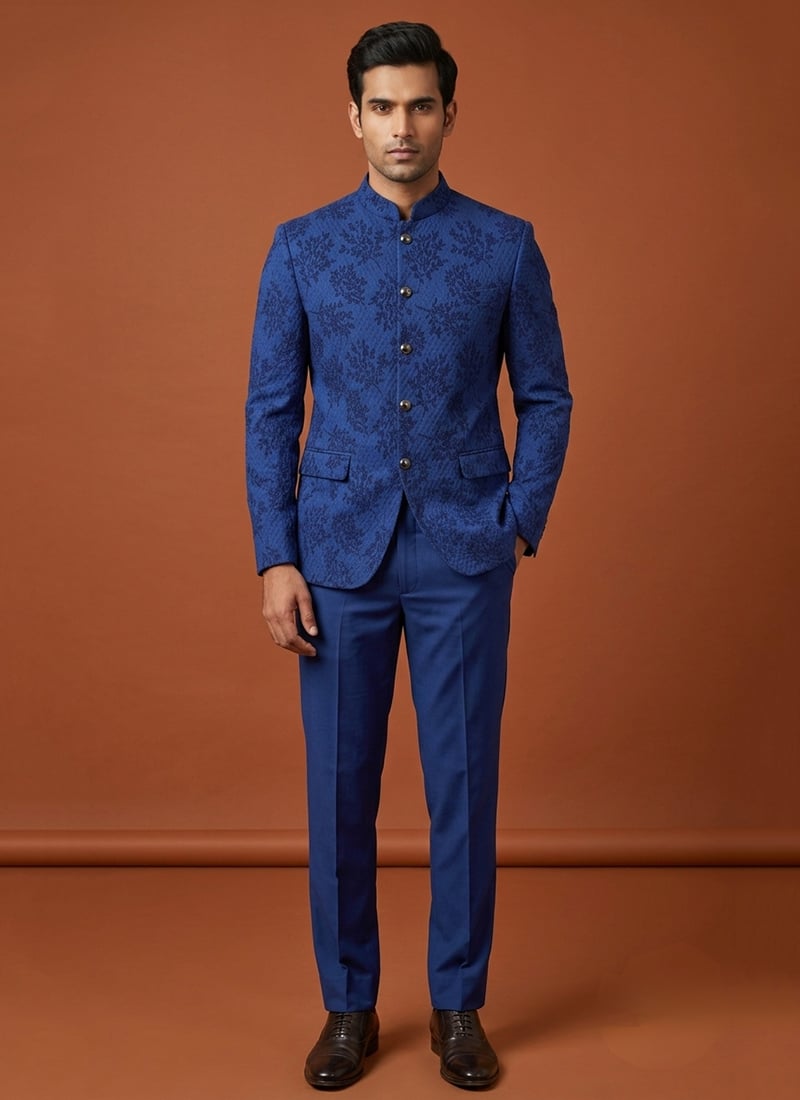 Blue Silk Jacquard Thread Bandhgala Suit For Men Wedding Wear
